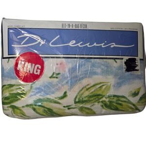 Vtg Di Lewis For Revman KING Bed in Bag Sheet SET White Floral